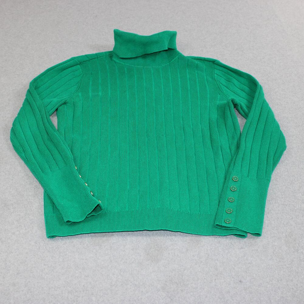 Talbot Sweater Women Medium Green Turtleneck Ribbed Button Cuff Stretch Heritage